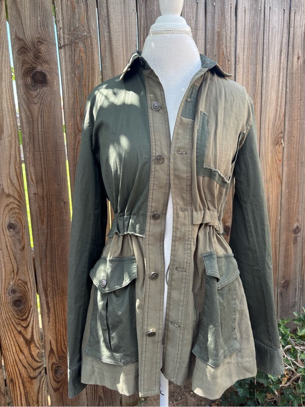 Womens Olive Military Style Utility Jacket Drawstring Waist Boho Size Small